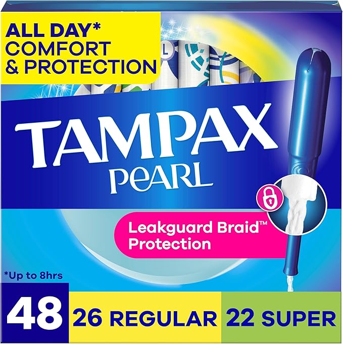 Tampax Pearl Tampons for Women Multipack, with LeakGuard Braid, Regular/Super Absorbency, Unscented, 48 Count