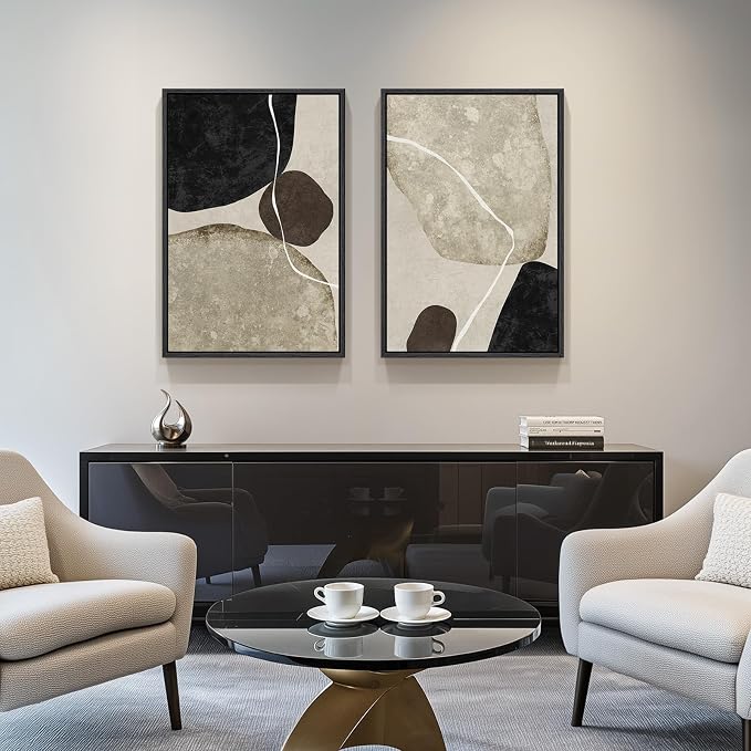 Framed Neutral Abstract Wall Art, 2 Piece Large Modern Black Beige Brown Canvas Prints Paintings Artwork for Walls, Minimalist Stone Shape Pictures for Living Room Dining Bedroom Wall Decor 20x30 In