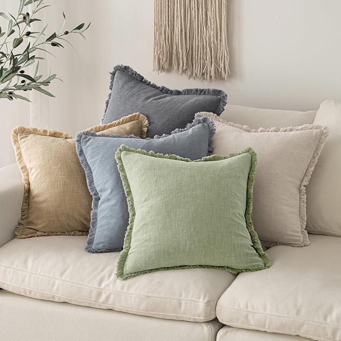 MIULEE Boho Linen Fringe Decorative Throw Pillow Covers Sage Green 20x20 | Set of 2, Cottagecore Decor, Boho Farmhouse Neutral Pillow Covers, Rustic Couch Cushion Cases for Sofa Bed Living Room