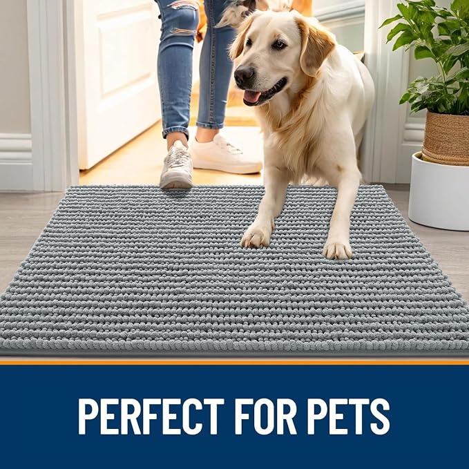 OLANLY Dog Door Mat for Muddy Paws 30x20, Extra Absorbent Chenille Mud Mat | Grey, Absorbs Moisture and Dirt, Non-Slip Machine Washable Doormat, Quick-Drying Indoor Entryway Floor Mat for Dogs
