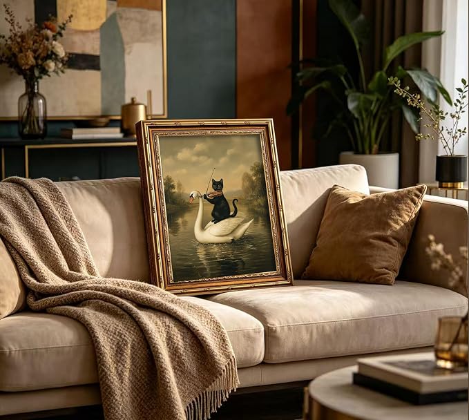 Vintage Gold Framed Black Cat Wall Art,Dark Academia Swan Painting Canvas Print,Moody Cottagecore Cute Animal Wall Decor, Rustic Farmhouse Animal Poster Artwork for Living Room Bedroom Bathroom