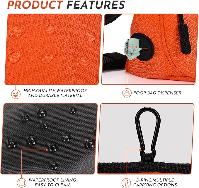 Dog Treat Pouch with Training Clicker, Treat Bag Fanny Pack with Magnetic and Zipper Closure Waterproof and Durable Treat Pouches for Pet Training Walking (Orange)