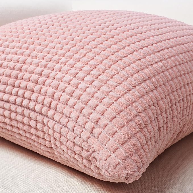 Softalker Corduroy Decorative Throw Pillow Covers 18x18, Set of 2, Pink | Soft Boho Striped Pillow Cases, Couch Fluffy Cushion Covers for Farmhouse Home Decor Bed Living Room