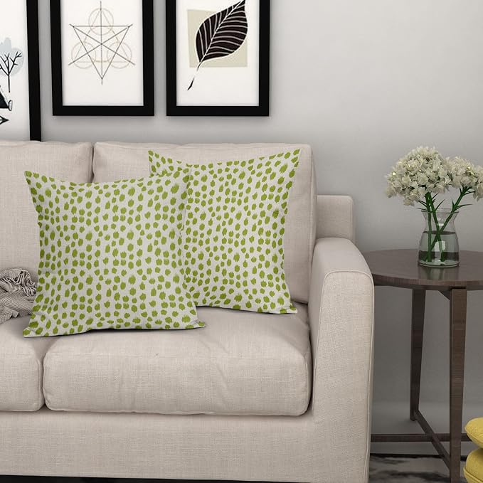 Lime Green Cream Pillow Covers 16x16 Set of 2 Boho Design Polka Dot Throw Pillows Modern Brush Strokes Print Decorative Outdoor Pillowcase Square Cushion Cover Linen Pillow Case for Sofa Couch Bed