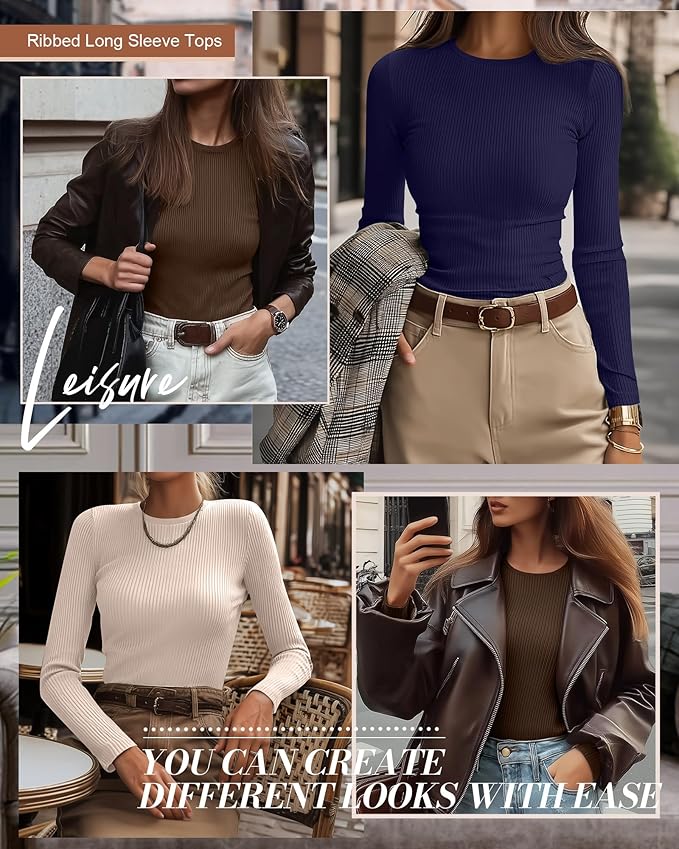 Ficerd 3 Pack Women's Ribbed Long Sleeve Tops, Crew Neck Slim Fit Undershirts Knit Basic Casual Stretch Layering Tee Shirts