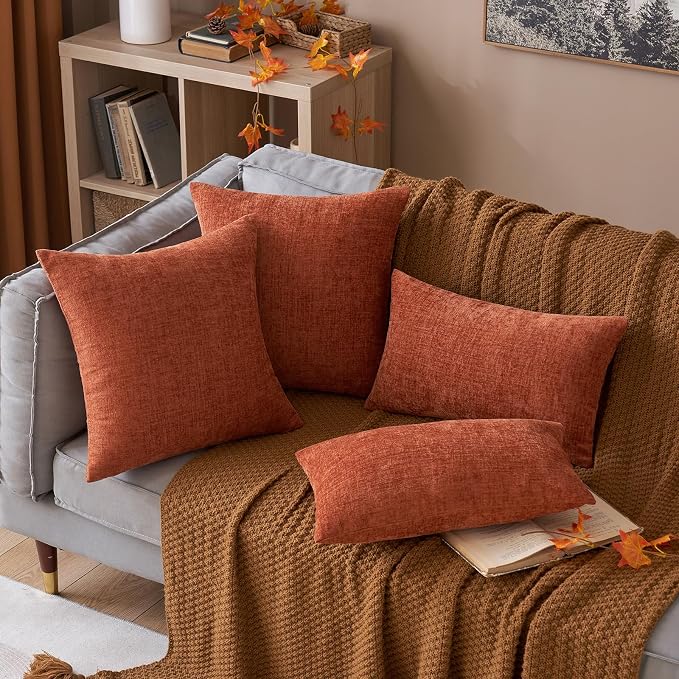MIULEE Soft Chenille Fall Throw Pillow Covers Burnt Orange 20x20 Pack of 2 | Modern Fall Home Decor, Classic Decorative Pillows, Solid Dyed Cases, Boho Couch Cushion Covers for Sofa Bed Living Room