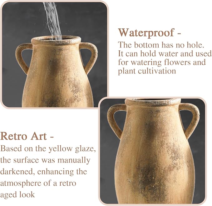 Large Ceramic Vase, 11.3 Inch Tall Farmhouse Vase with 2 Handles | Terracotta Decorative Vase Brings Rustic Charm to Living Room, Entryway, Table Decor and Home Decor, Perfect for Flowers