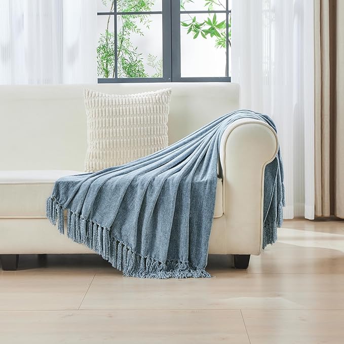 CozeCube Chenille Throw Blanket, Dusty Blue Fringe Blanket, 60"X80" | For Couch, Cozy Plush Fuzzy Decorative Blanket with Fringe Tassels, Lightweight Throws for Bed Sofa Gift Home Decor