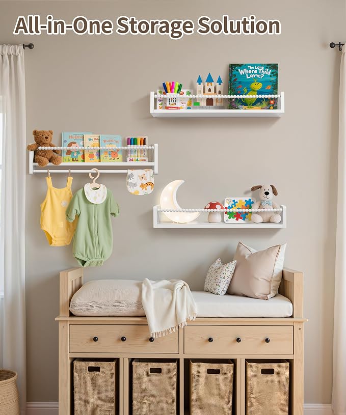 Maxpeuvon Kids Bookshelves for Wall, 23 Inch White Floating Shelf Set of 3 | Natural Wood Nursery Shelves with Towel Bar, Wall Storage for Books, Toys and Decor, for Kids Room, Bedroom, Living Room