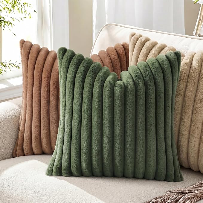 Pallene Faux Fur Decorative Throw Pillow Covers 26x26 Set of 2, Olive Green | Luxury Plush Texture, Striped Design, Cozy Soft Touch, Modern Home Accent Decor for Couch, Sofa, Bed, Living Room