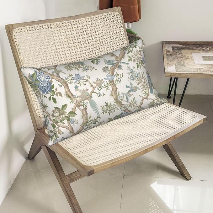 Blue Green Floral Bird Pillow Covers 12x20 Set of 2 Chinoiserie Throw Pillows Green Vintage Flowers Bird Decorative Pillow Cases Outdoor Farmhouse Lumbar Decor Cushion Case for Couch Sofa