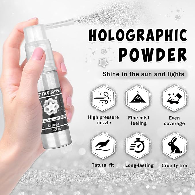 AWCCXMYM Body Glitter Spray Sparkle Hairspray Highlighter Glitter Shiny Spraay for Hair and Body,Face Glitter Powder for Halloween,Christmas,Concert Accessories Party Body Makeup(Silver)