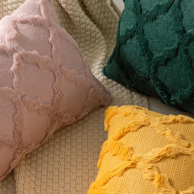Set of 2 Soft Moroccan Throw Pillow Covers 18x18 Inch Plush Boho Decorative Pillow Cover Accent Cushion Case for Couch Sofa Bed, Dark Green