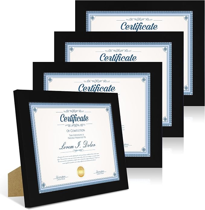 Hongkee 8.5 x 11 Picture Frame Set of 4, Made of Real Glass and Black Certificate & Diploma Frame, 8.5 by 11 Photo for Wall or Tabletop - Display Picture 6x8 with Mat or 8.5x11 Without Mat