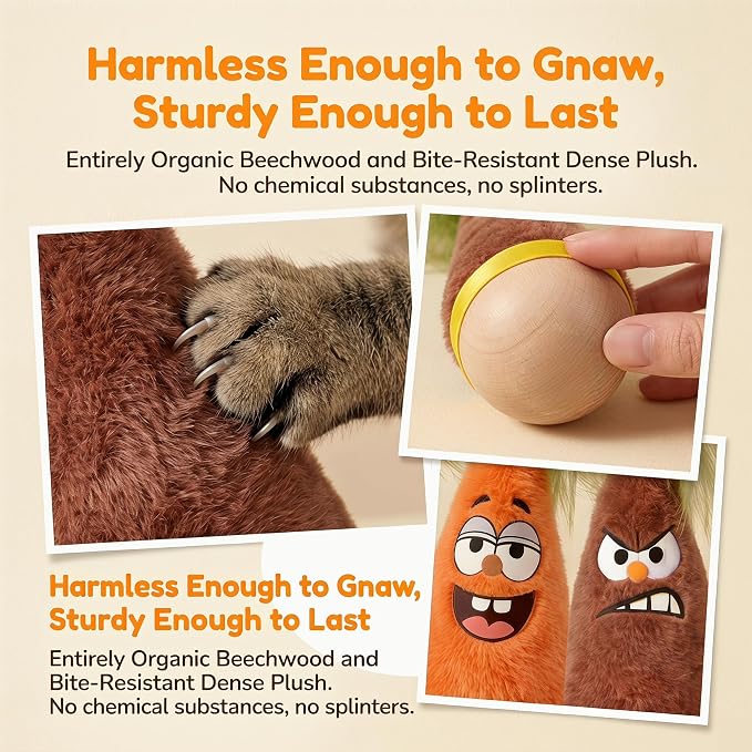 Wooden Wobble Cat Toy, Natural Beechwood Self-Righting Tumbler – 2-Pack Angry & Happy Carrot Kicker, Interactive Silent Cat Toy for Indoor Cats, Battery-Free Plush, Aesthetic Home Decor Gift