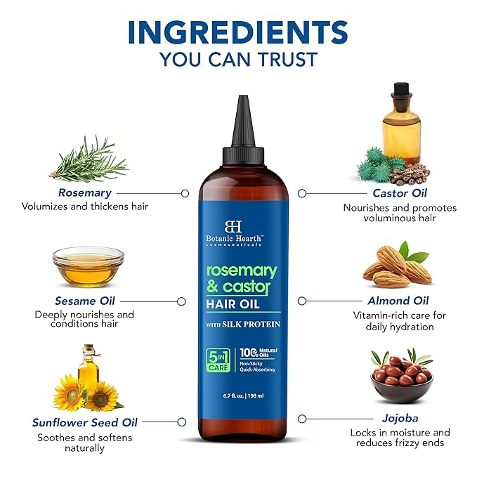Botanic Hearth Hair Oil for Hair Growth & Hair Treatment Oils | Strengthening Dry, Frizzy, Damaged Hair & Scalp Treatment | Rosemary Castor Hair Oil – 6.7 Fl Oz