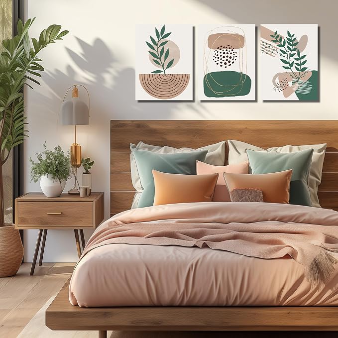 DNIEOTU Boho Canvas Wall Art for Living Room, Minimalist Geometric Shapes Wall-Decor for Bedroom, Modern Botanical Picture Prints, Size 16 x 24 Inches 3-Pieces