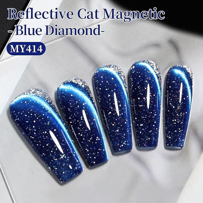 Born Pretty Reflective Glitter Cat Magnetic Eye Gel Nail Polish 15ML,Blue Glitter Holographic Magnetic Gel Polish,Sparkly Shiny Disco DJ U V Nail Polish with Magnet for Home DIY Salon