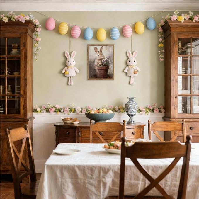 Framed Vintage Easter Wall Art, Cute Rabbit in Flower Pot Picture Prints, Cottage Farmhouse Bunny Canvas Artwork, Holiday Wall Decor for Kids Room Girls Bedroom Living Room 12x16 inch