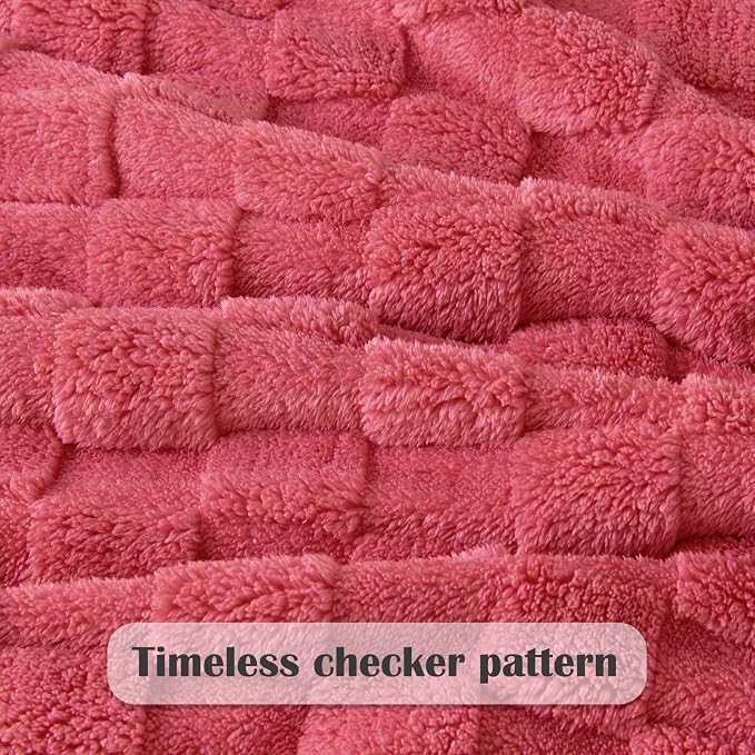 NEWCOSPLAY 3D Checkered Flannel Throw Blanket, Coral Pink, 50"x70" | Super Soft Cute Lightweight Decorative Premium Silky Fleece Blanket for Couch Sofa Bed, Gift for Women Men, All Season Use