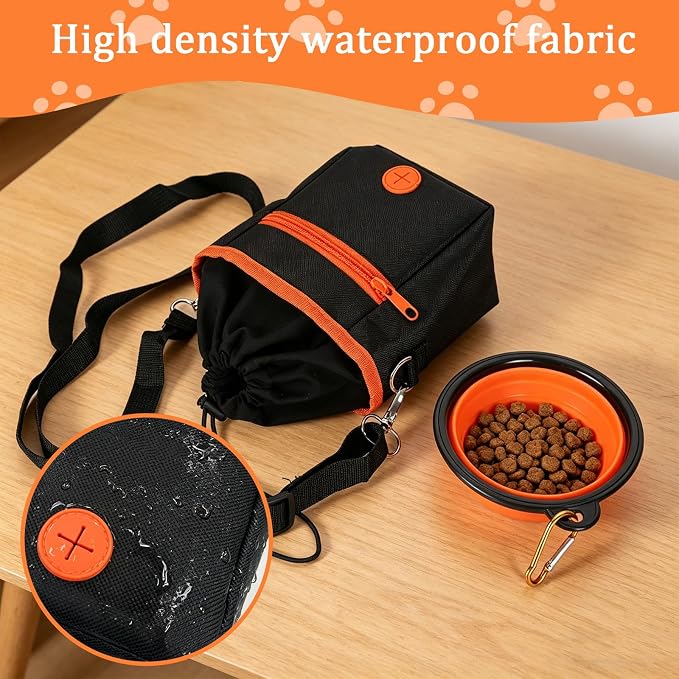 Dog Treat Pouch for Training, 2 Cup Dog Food Storage Bag with Poop Bag Dispenser, Collapsible Bowl, Adjustable Shoulder Strap, Kibble Carrier for Walking Hiking Camping, Orange Black