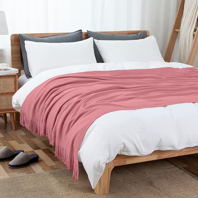 Vonty Dusty Pink Knitted Throw Blanket with Tassels Fringe, 50x60 Acrylic | Super Soft And Lightweight, Year-Round Cozy Warmth, Farmhouse Decorative Style, Machine Washable, for Couch, Sofa or Bed