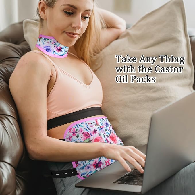 Reusable Castor Oil Pack Wrap for Liver Detox, Castor Oil Wrap for Stomach Less Mess, Elastic Strap Machine Washable Anti Oil Leak 2pcs，Flower