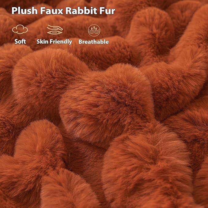 LIFEREVO Luxury Fluffy Faux Rabbit Fur Throw Blanket 50x60, Burnt Orange | Plush Bubble Blanket for Bedroom Living Room Office, Decorative Soft Furry Lap Throw for Kids Girls Teens Adults, Washable