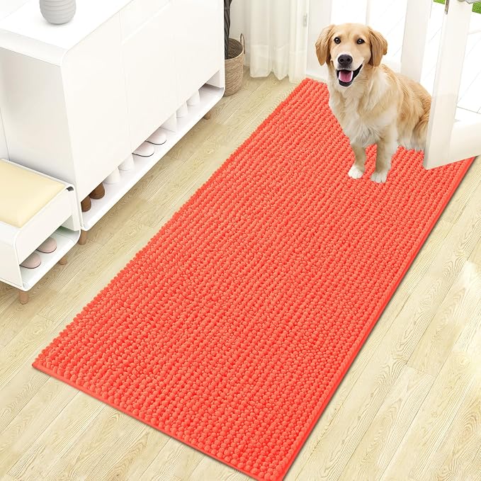 OLANLY Dog Door Mat for Muddy Paws 47x24, Extra Absorbent Chenille Mud Mat | Coral, Absorbs Moisture and Dirt, Non-Slip Machine Washable Doormat, Quick-Drying Indoor Entryway Floor Mat for Dogs