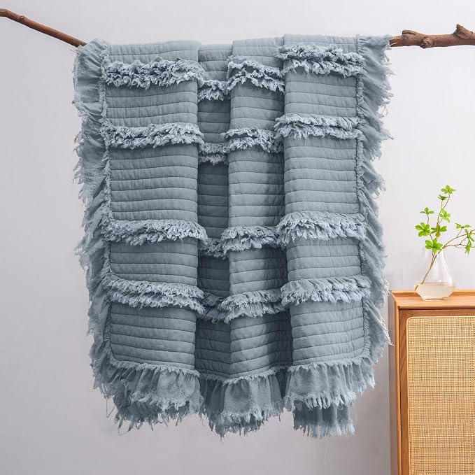 Ultra Soft Pre-Washed Quilted Boho Dark Blue Twin Size Blankets for Bed, Ruffle Fringed Decorative Throw, Stone Washed Chic Rustic Blanket for Sofa Couch Bed, 60"*80"