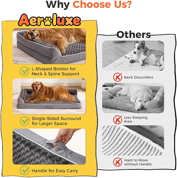 XXL Orthopedic Dog Bed, Extra Large Dogs, 48"x35"x7.5", Grey | Waterproof, Washable Cover, L-Shaped Pet Couch, Egg-Crate Foam for Pressure Relief, Portable Handle