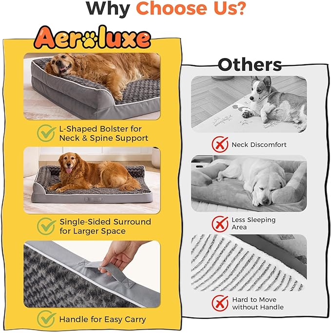 XL Orthopedic Dog Bed for Large Sized Dogs, 42"x30"x7.5", Grey | Waterproof, Washable Cover, L-Shaped Pet Couch, Egg-Crate Foam for Pressure Relief, Portable Handle