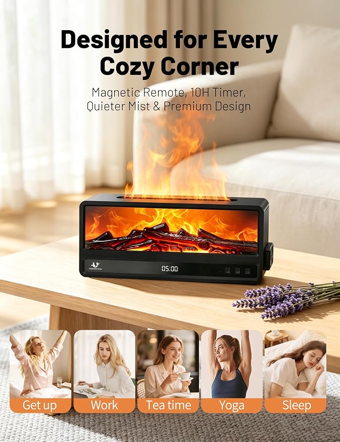 Fireplace Aroma Diffuser for Bedroom Nightstand, Essential Oil Diffuser with Realistic Flame Effect, Remote Control, Timer Auto-Off, 7 Color LED Ultrasonic Aromatherapy Diffuser for Home Office Decor