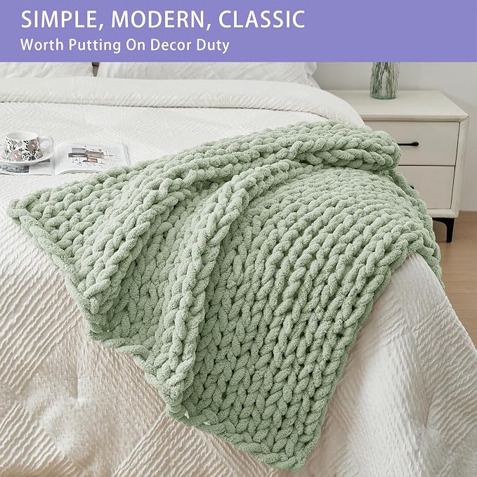 Bigacogo Chunky Knit Throw Blanket for Couch, 40x40 inches, Sage Green | Hand Knit with Jumbo Chenille, Soft Breathable Cable Knit for Sofa Bed Living Room, Machine Washable, Gift for Mom Friend