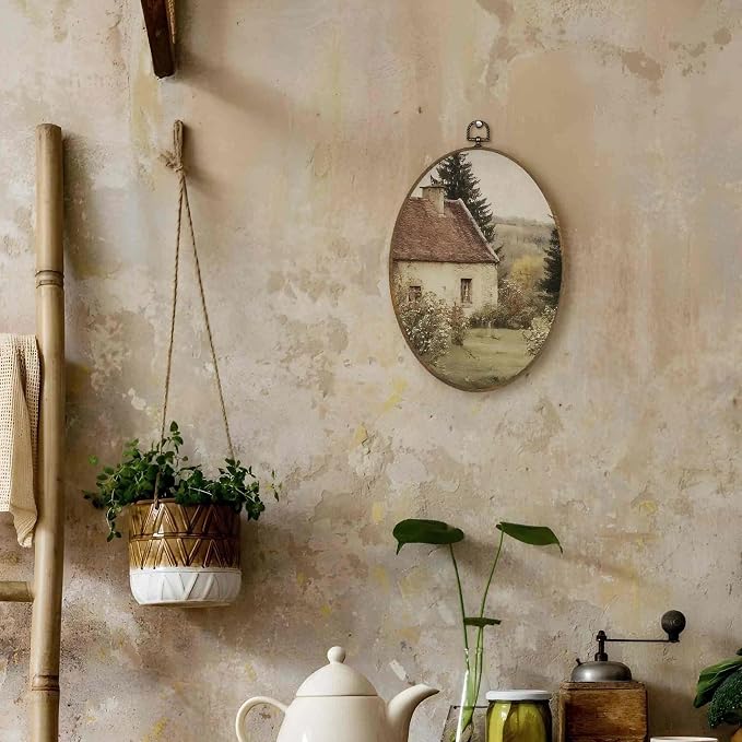 LKETW Rustic Farmhouse Country Oval Wall Art Decor, Cottagecore Antique Oval Canvas Hanging Decor, Vintage Countryside Landscape Wall Decorations for Home Bedroom Living Room, 8.6x11.4 Inch