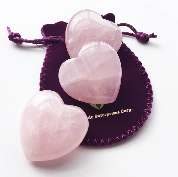 Polar Jade Set of 3 Hand-Carved Natural Rose Quartz Puffy Hearts – Healing Stones for Chakra Energy, Meditation, Massage, and Elegant Decoration
