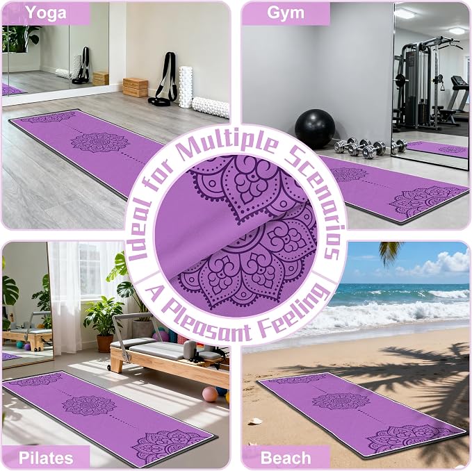 Yoga Towel, Absorbent Yoga Mat Towel for Hot Yoga Non Slip, Stylish Prints, Ideal for Workouts, Hot Yoga, Bikram, Pilates Equipment,72 x 27 in,Purple Mandala