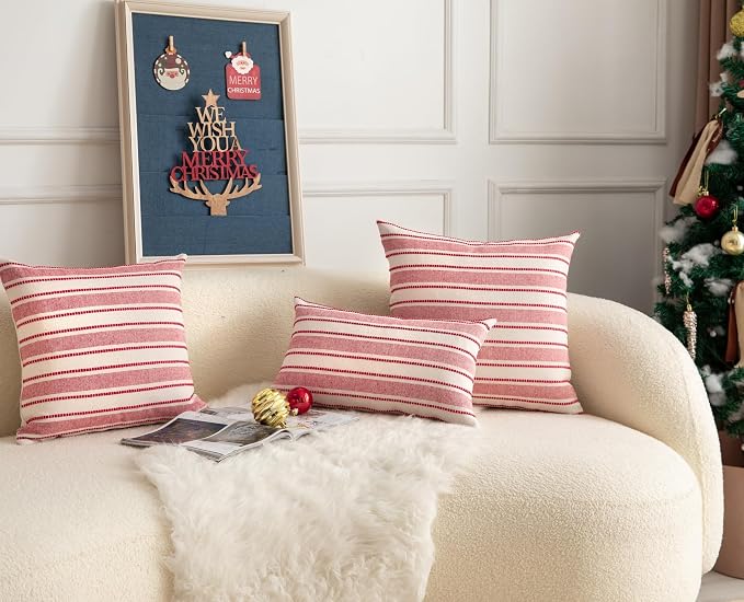 Cethom Christmas Pillow Covers, Boho Textured Red Pillow Case, Pillow Covers 12 x 20 Inch Set of 2 Christmas Decorative, Chair Sofa Bedroom Living Room Home Holiday Decor Cushion Case