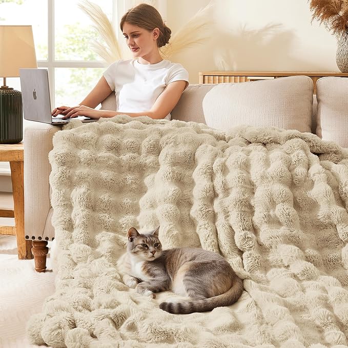 L'AGRATY Faux Rabbit Fur Throw Blanket for Couch, 50'' x 60'' Almond White | Soft Cozy Bubble Fluffy Blanket for Sofa Bed, Thick Warm Plush Fuzzy Throw for Room Home Decor, Luxury Gift for Women Mom