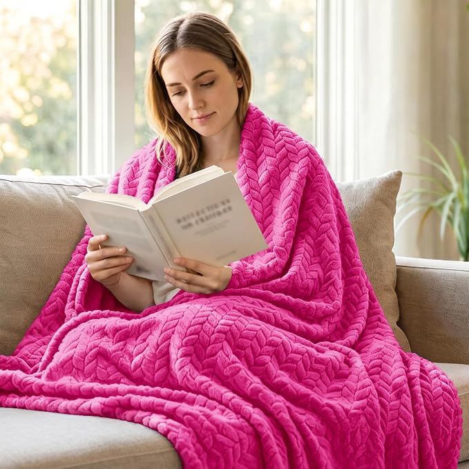 Exclusivo Mezcla Fleece Throw Blanket for Couch Sofa, 50”x70”, Hot Pink | Oversized Soft Cozy Fluffy Blankets for Summer, Decorative Plush Flannel Throws for Living room, Bedroom with Leaves Pattern