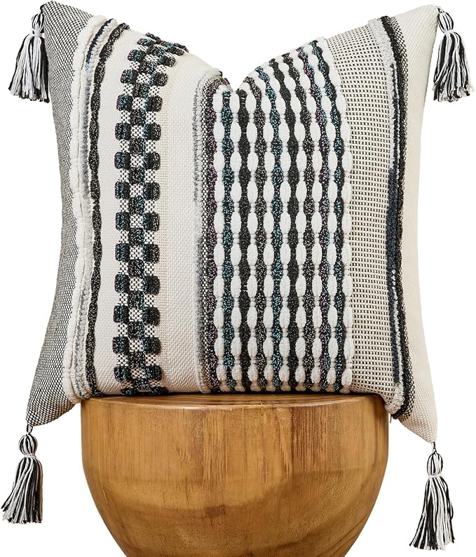 Chenille Striped Textured Boho Throw Pillow Covers Aesthetic with Tassels Woven Decorative Pillow Case for Couch Bed Sofa Bedroom Modern Funky 18 x 18-Inch Black Multicolor