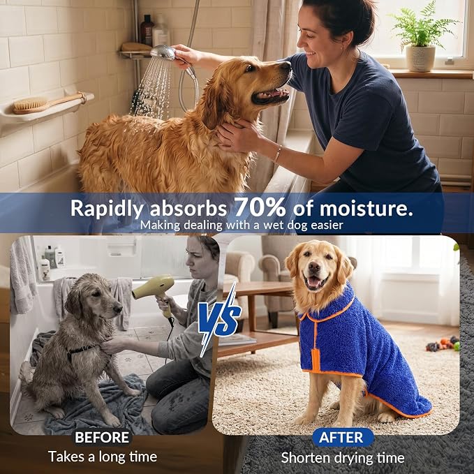 Dog Bathrobe, Super Absorbent for Small to Large Dogs, Dark Blue XL | Dog Robes with Soft Fleece, Warm & Cozy, Adjustable Fit, and Quick Drying Coat for Baths Swimming and Grooming