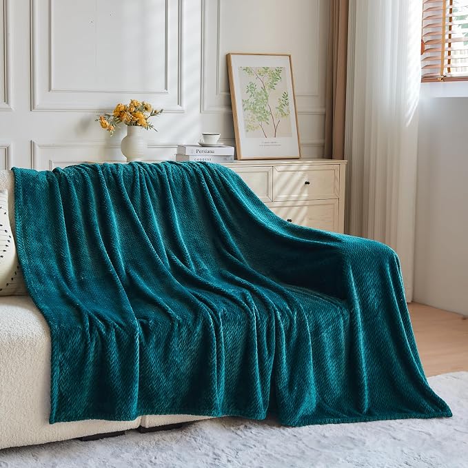 NEWCOSPLAY Fleece Leaves Pattern King Blanket, Dark Teal, 90"x110" | Super Soft Throw Blanket, Lightweight Cozy Bed Sofa Blanket, Premium Silky Flannel Fleece, Travel Blanket for All Season Use