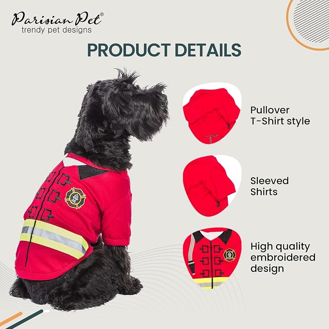 Parisian Pet Dog Costume - 100% Cotton Firefighter Dog Clothes for Large Dogs - Lightweight Puppy Outfits - Funny French Bulldog Clothes - Sleeved Red Shirt for Dogs - Stretchy Pet Costume