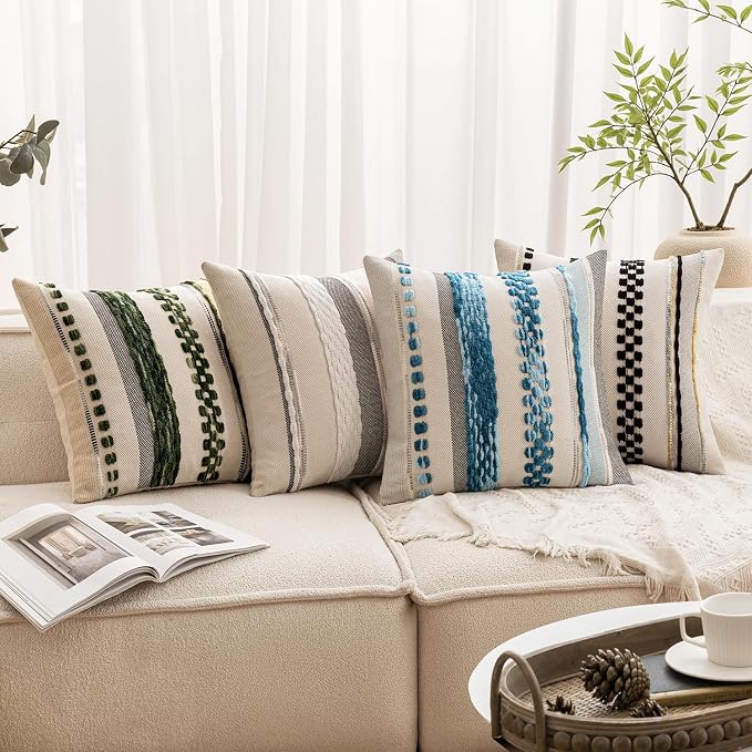 ANRODUO Boho Decorative Throw Pillow Covers White Stripe 18x18 Pack of 2 | Throw Pillow Covers, Farmhouse Cushion Case, Chenille Pillow Cases, Pillow Covers, Neutral Pillowcase for Sofa Couch Bed