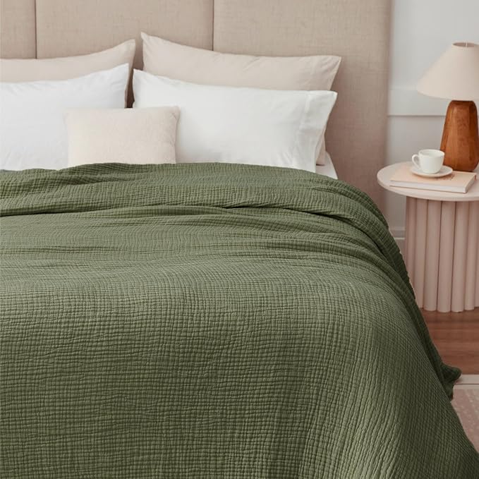 100% Cotton Muslin Blanket Queen 90" x 90", Breathable and Lightweight Cotton Throw Blanket for Bed, Soft Cooling Summer Gauze Blanket for Adults All Season, Olive Green