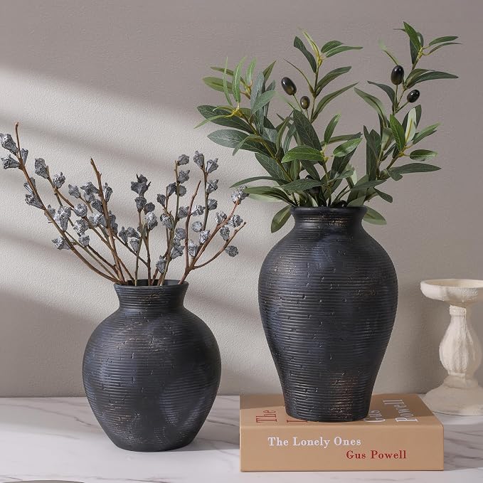 Ceramic Flower Vase Home Decor, 9 in Farmhouse Table Vases Rustic Vintage Living Room Kitchen Bedroom Pottery Decorative Vases for Flowers House Shelf Office Coffee Desk Dining Entryway, Black Gold