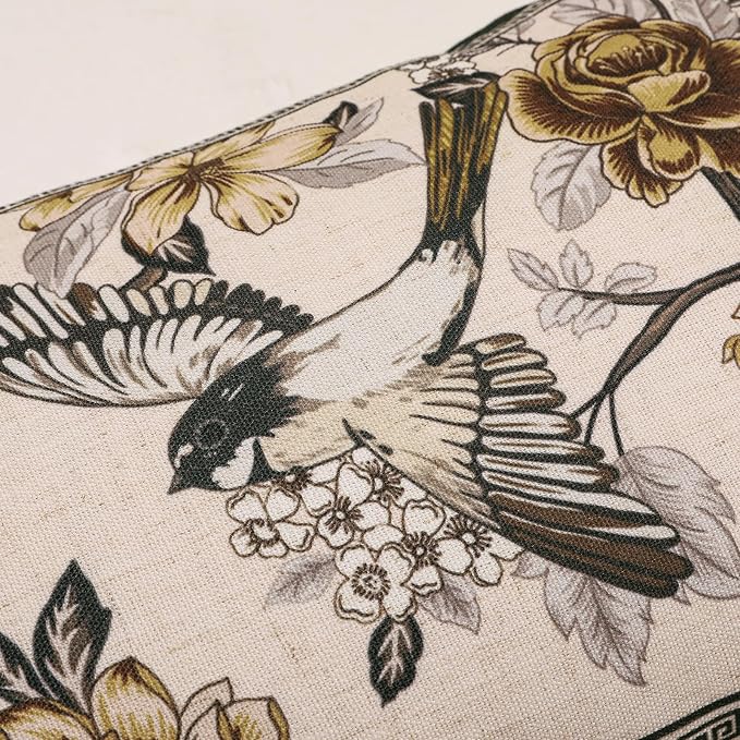 Vintage Linen Rectangle Throw Pillow Cover,Set of 2,20"x12"-Murad A | Designer French Decor Pillow Cover,Concealed Zipper Design,Floral and Bird Pattern,Sofa,Bedroom,Living Room,Lounge Chairs