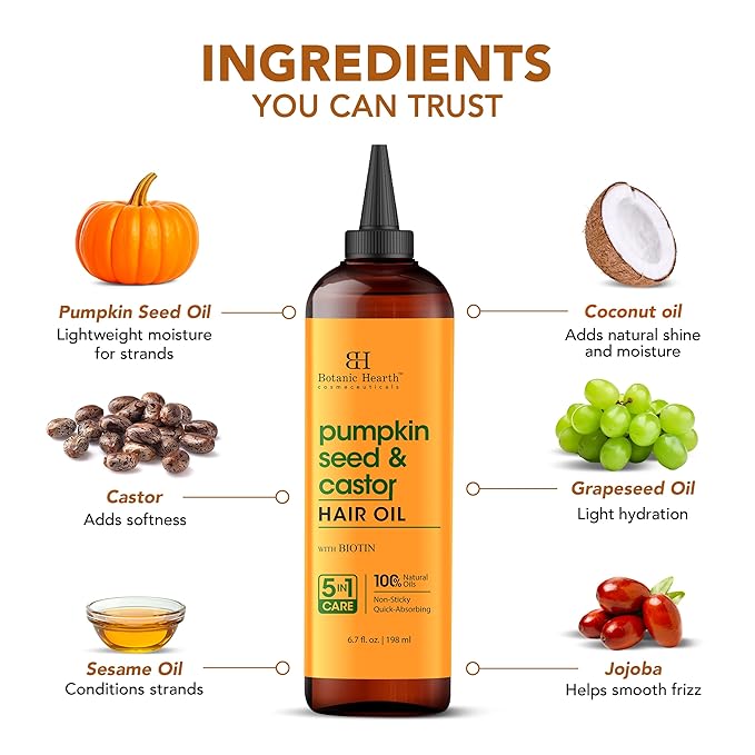 Botanic Hearth Hair Oil for Hair Growth & Home Hair Perm Kit | Strengthening Dry, Frizzy, Damaged Hair & Scalp Treatment | All Hair Types | Pumpkin & Castor Hair Oil - 6.7 Fl Oz