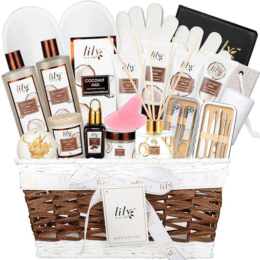 Mothers Day Gift Basket for Mom, Gifts for Women - 28Piece Coconut Vanilla Spa Gift Basket for Women & Men, Bath and Body Skin Care Gift Set for Birthday, Christmas Gifts, Spa Kit Self Care Gift